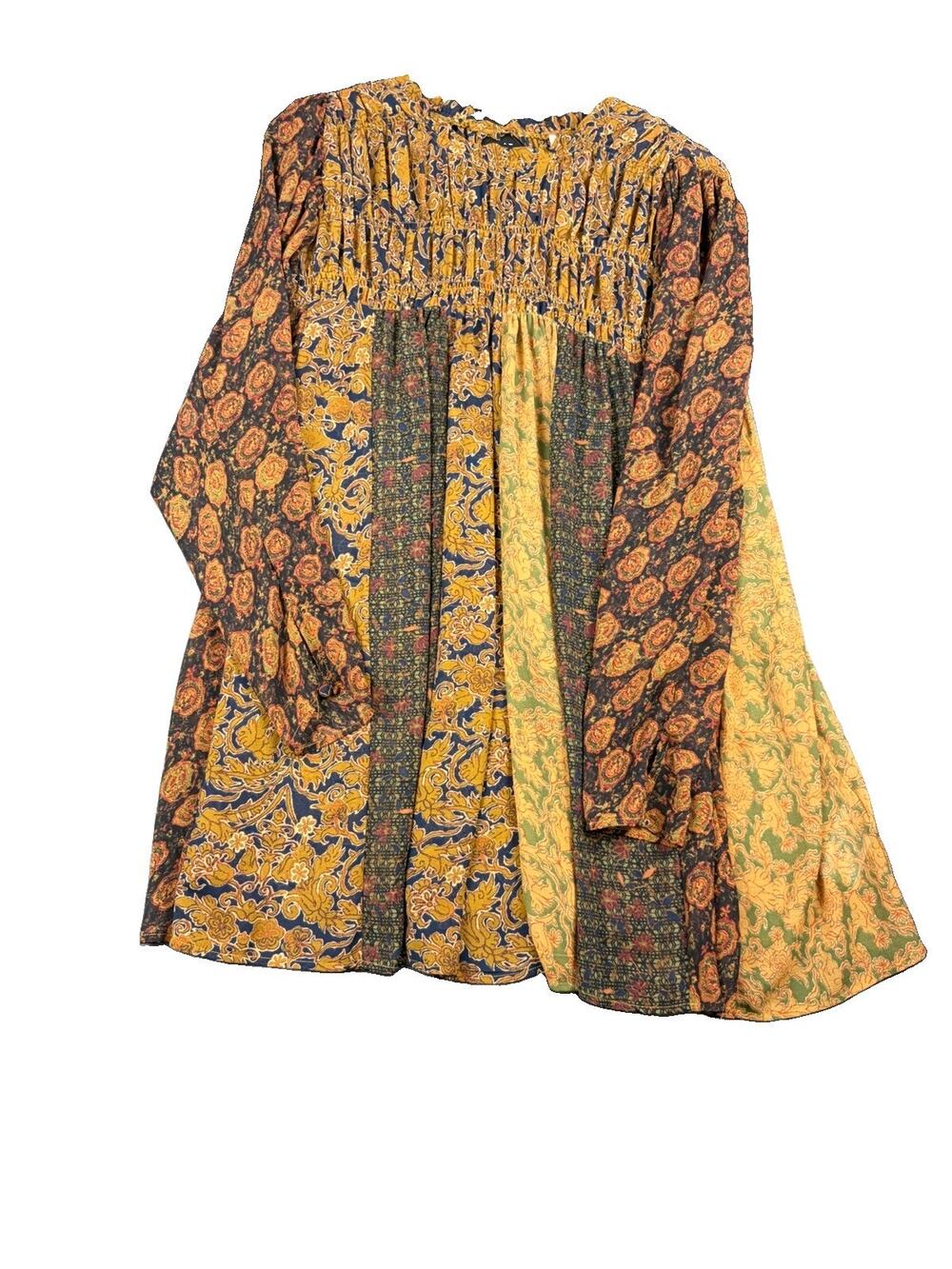 Free People Dress Women’s S Merrie Mix Patchwork Smocked Boho Tunic Mini